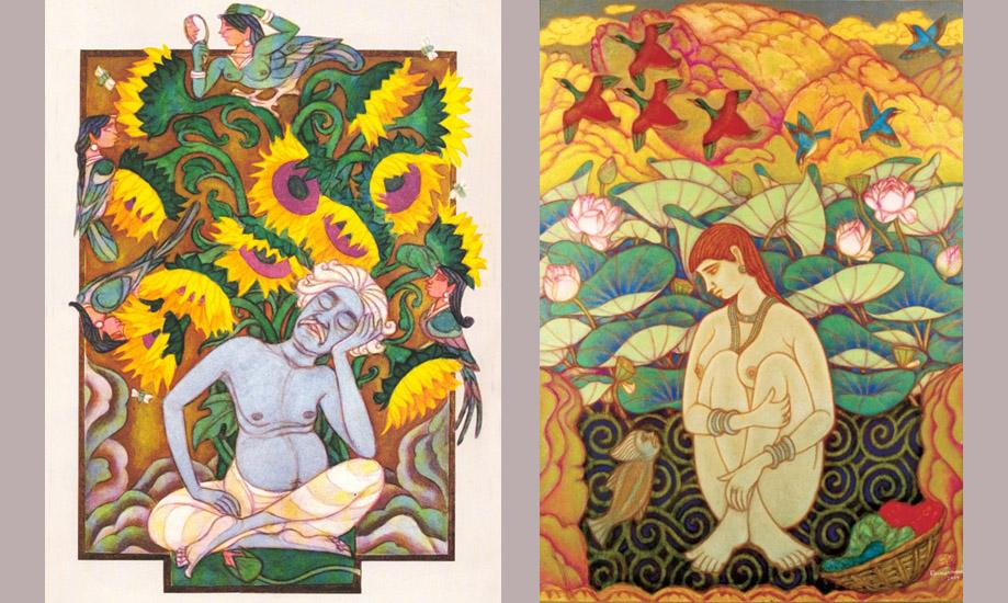 Self-portrait with Sunflowers, water colour 2003 (Left) AND First Drop of Monsoon, Oil on canvas, 2005 (Right)