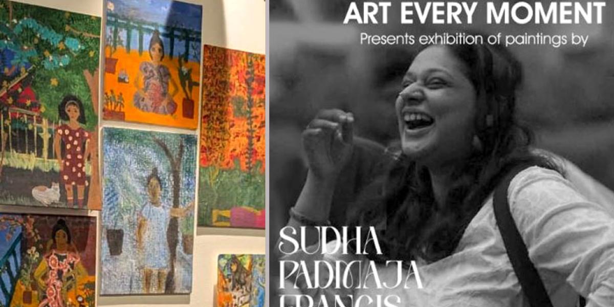 Artist Sudha Padmaja Francis with her paintings