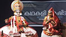 Artistes Kottakkal Chandrasekhara Varrier as Keechakan (left) and R L V Radhakrishnan as Sairandri in the Kathakali play Keechakavadham